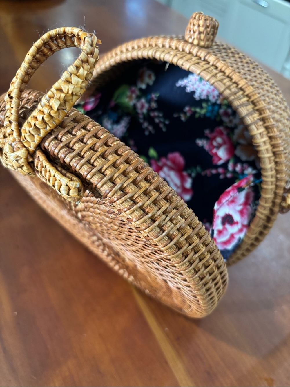 Woven Rattan Round Crossbody Bag with Floral Lining - Tan